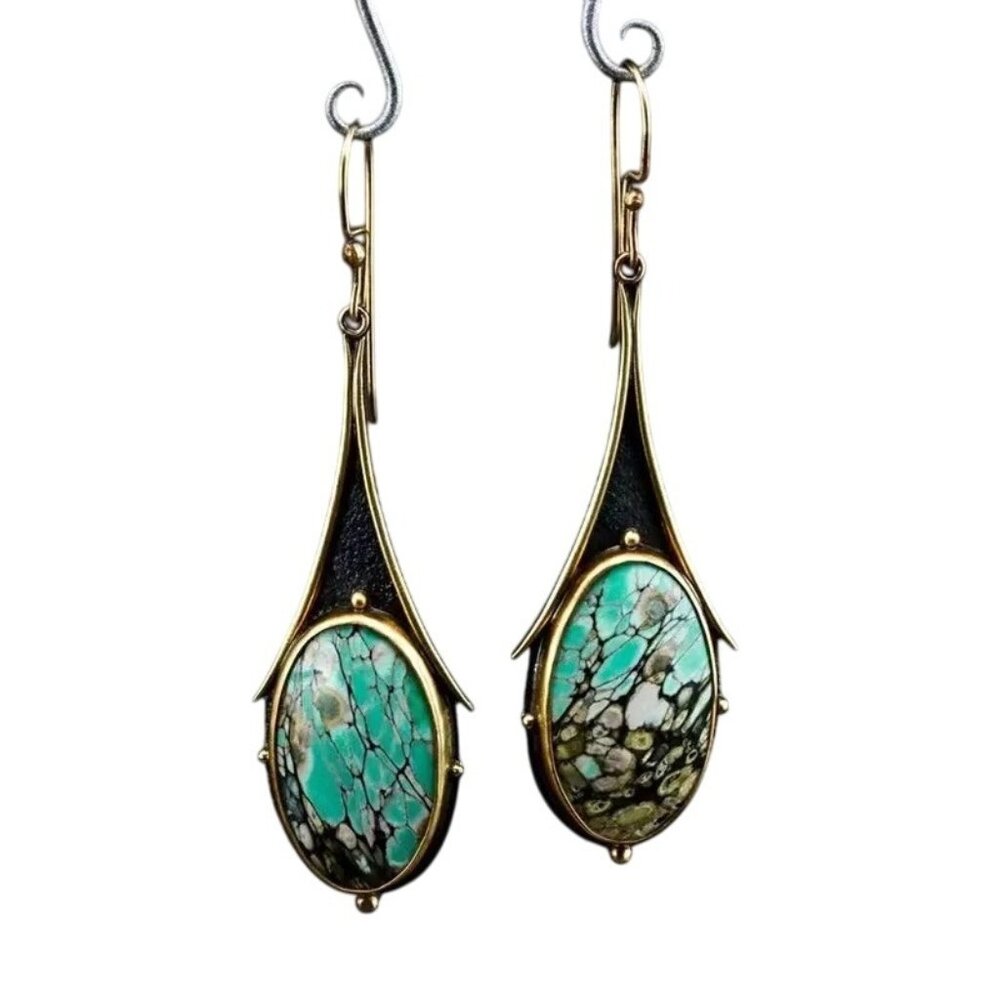 Artisan Style Earrings Pierced Green Art Glass Chandelier Gold Silver Tone 1.5"